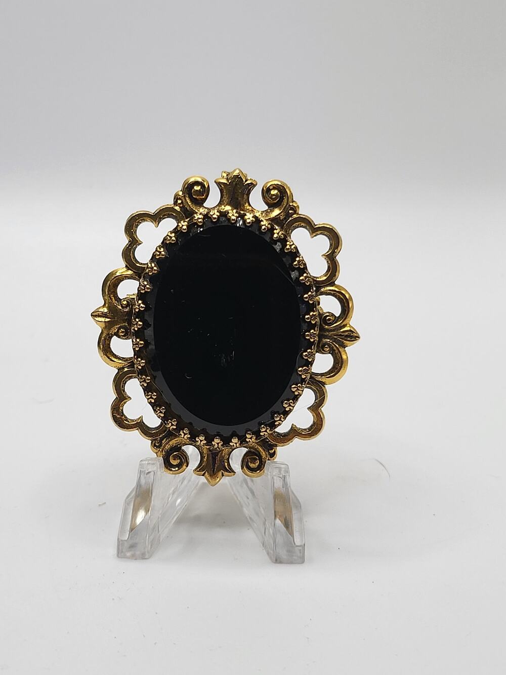 Vintage Mourning Revival Brooch Pendant Black Oval Cabochon